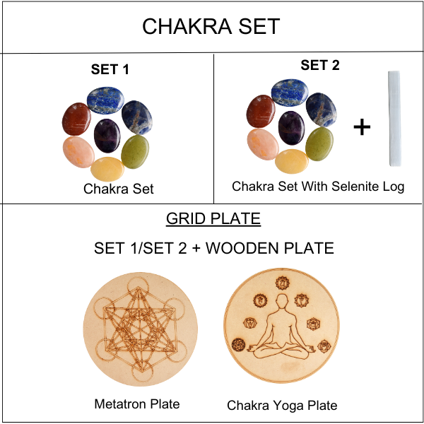 7 Chakra Crystals Worry Stones Set with Wooden Grid Plate, Selenite Log | | Wiccan Center