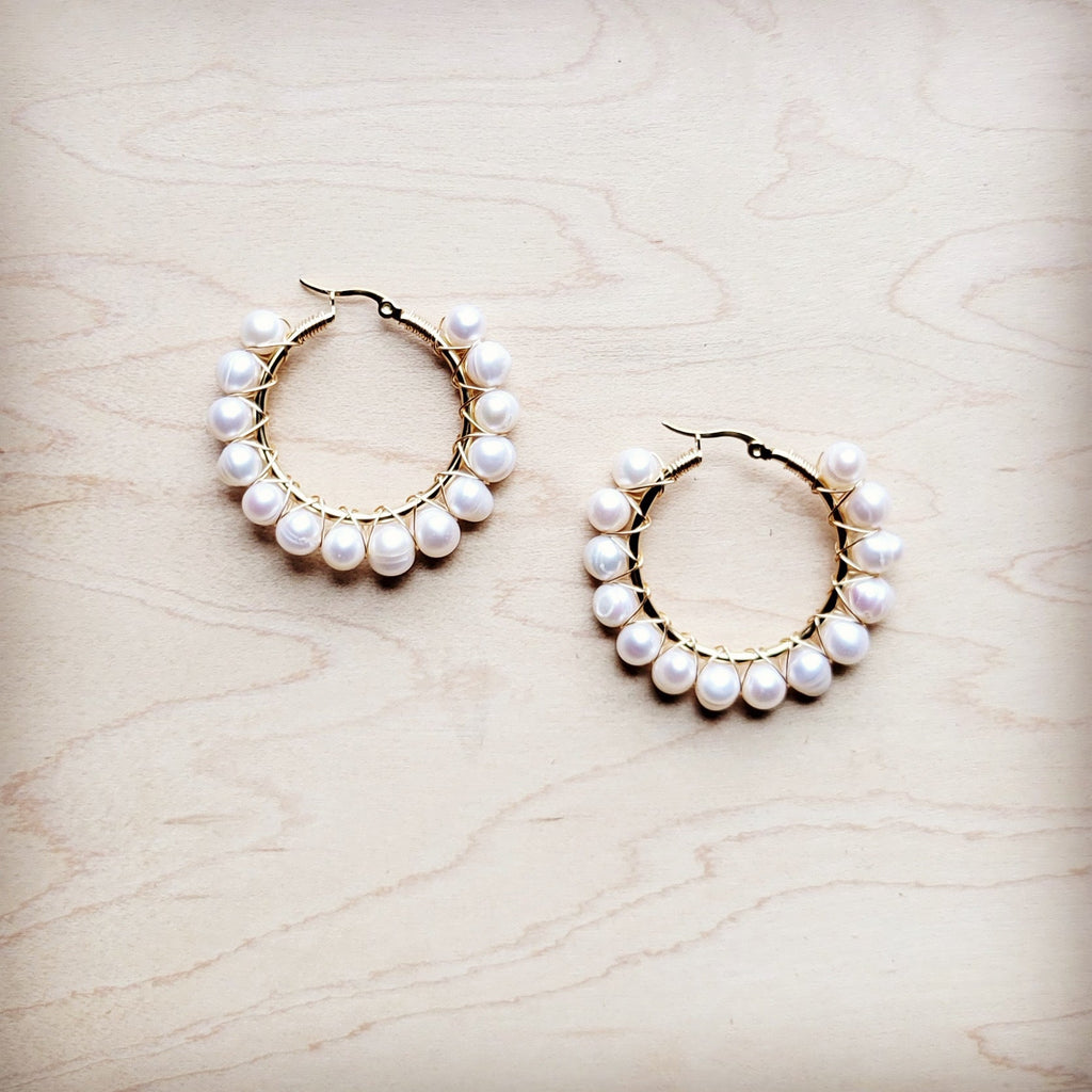 **Wire Wrapped Freshwater Pearl Beaded Hoop Earrings 221b