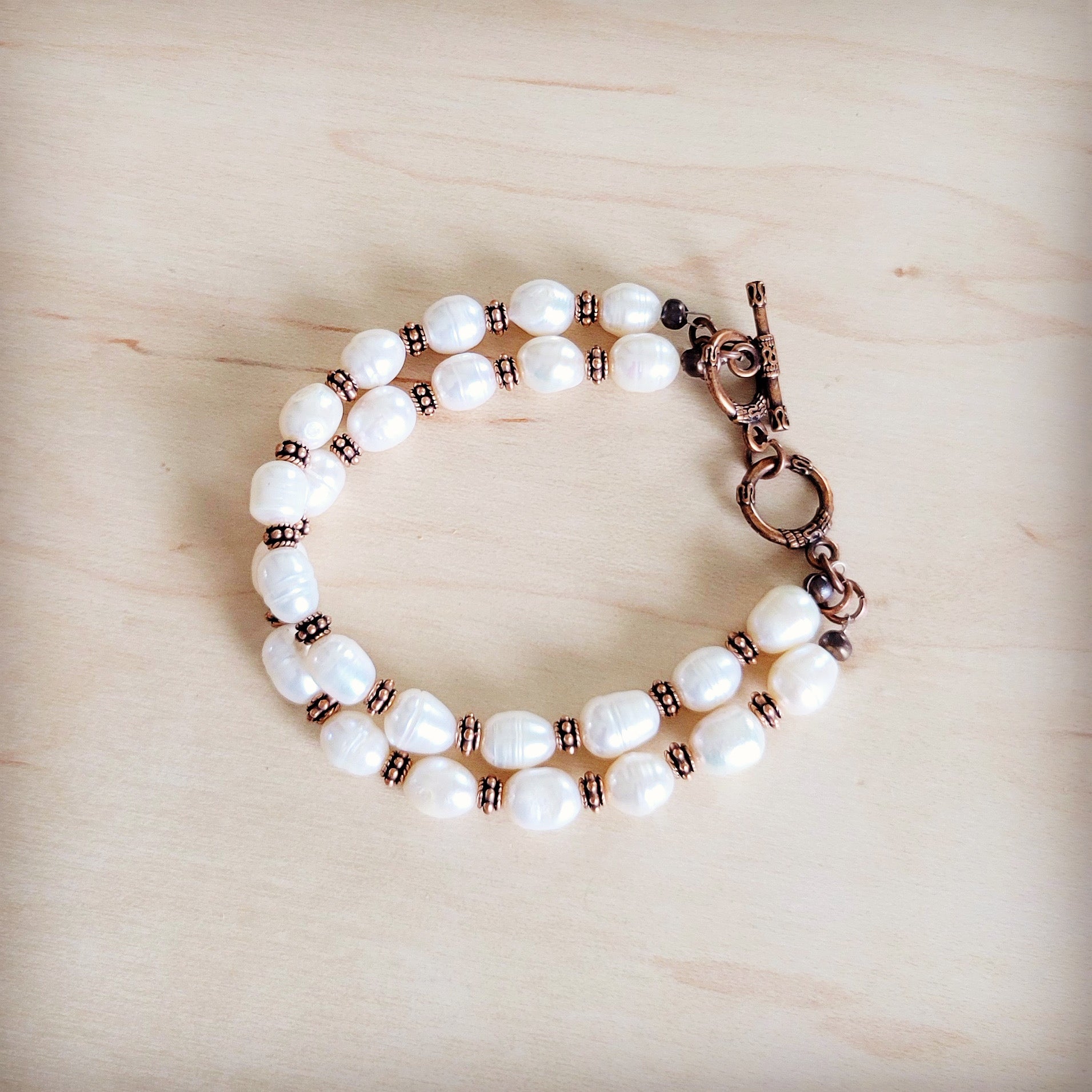 Freshwater Pearl & Copper Boho Beaded Double Strand Bracelet 811y | Bracelet | Wiccan Center