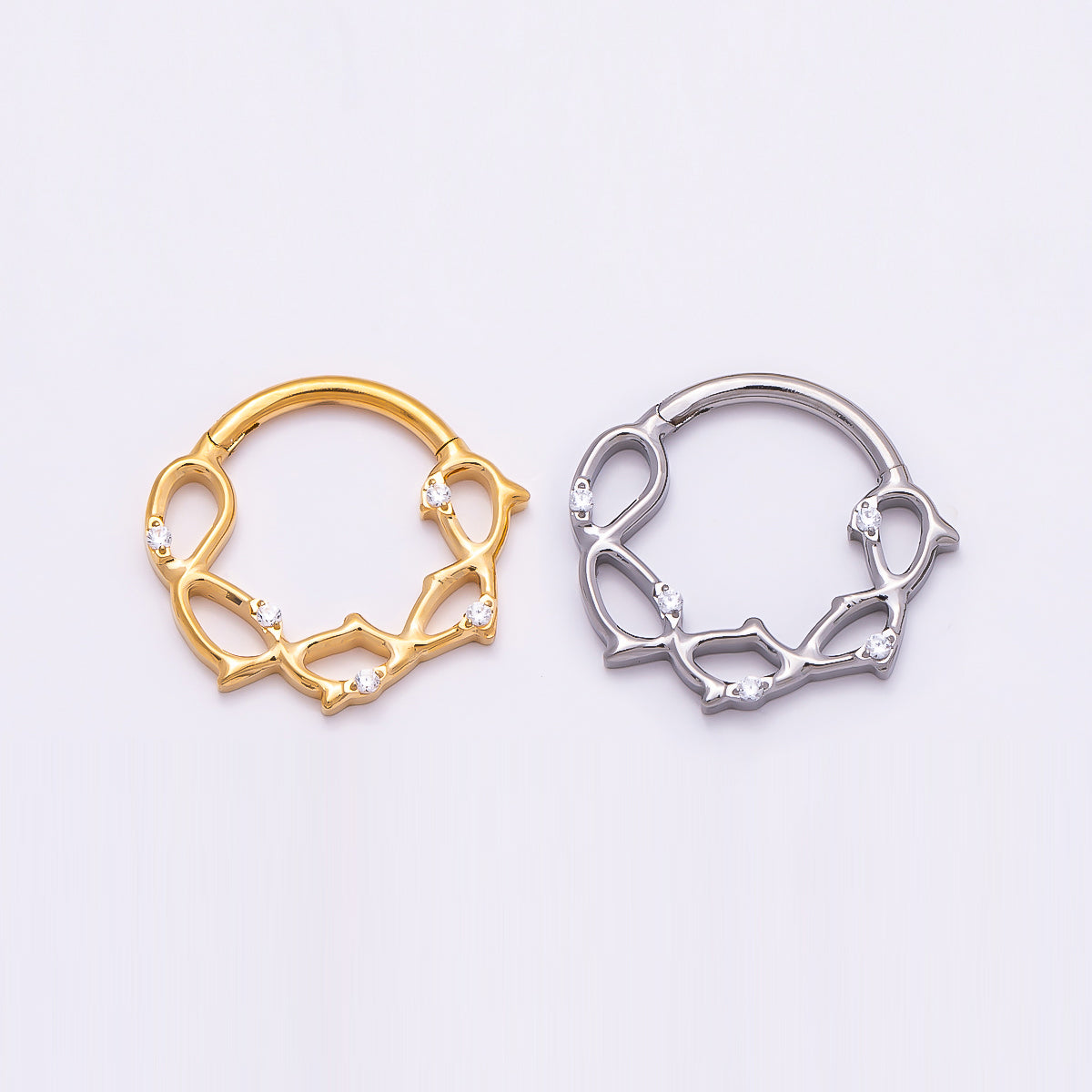 Titanium 15mm CZ Geometric Single Septum Cartilage Piercing Clicker in Gold & Silver | BJ-00118 BJ-00119 | Earrings | Wiccan Center