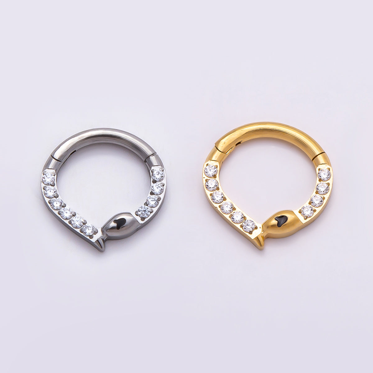 Titanium 10mm Micro Paved CZ Snake Single Septum Cartilage Piercing Clicker in Gold & Silver | BJ-00013 BJ-00014 | Earrings | Wiccan Center