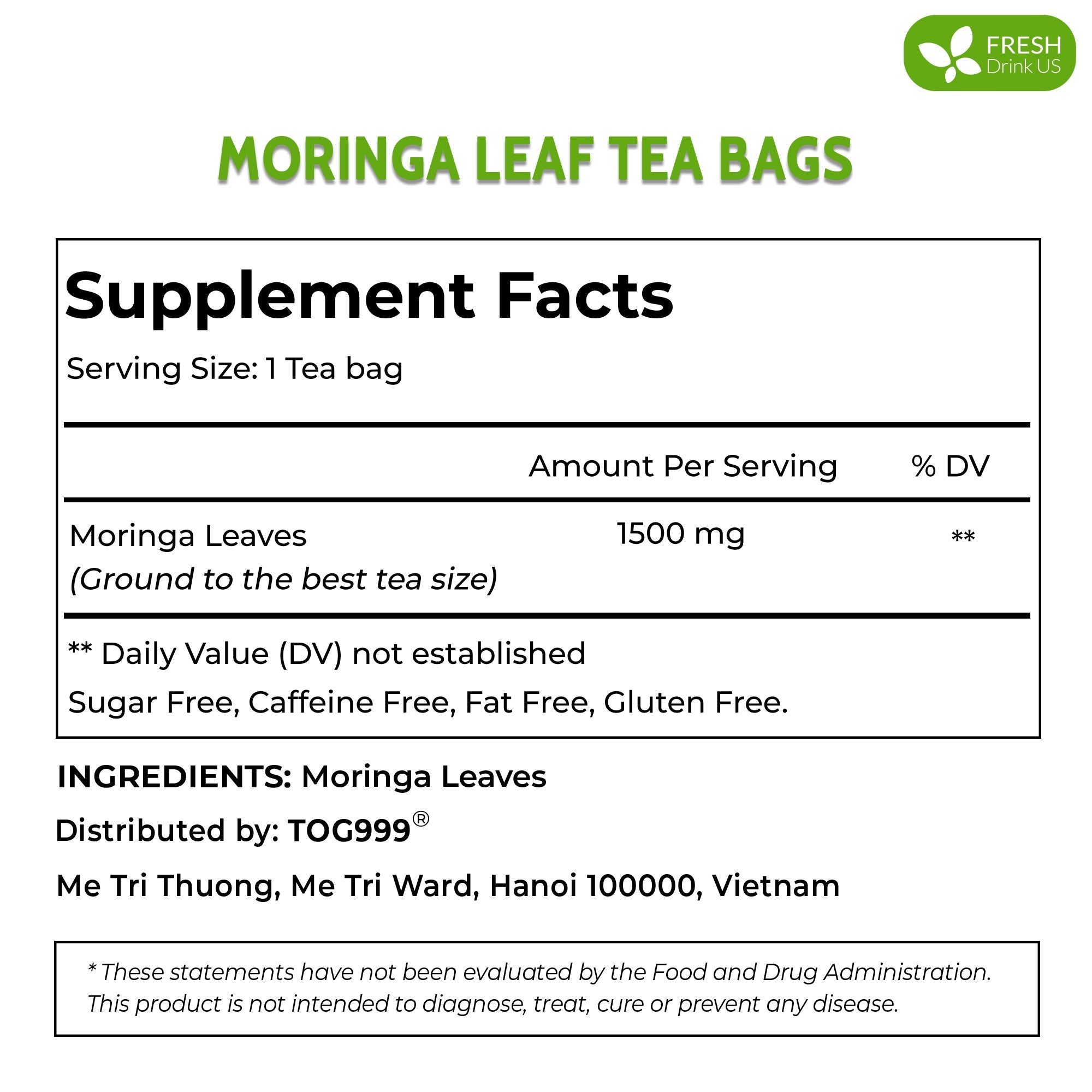 Moringa Leaf Tea Bags, 100% Natural & Pure from Moringa Leaves. Loose Leaf Moringa Herbal Tea. Moringa Leaf Tea. No Sugar, No Caffeine, No Gluten, Vegan | Tea | Wiccan Center