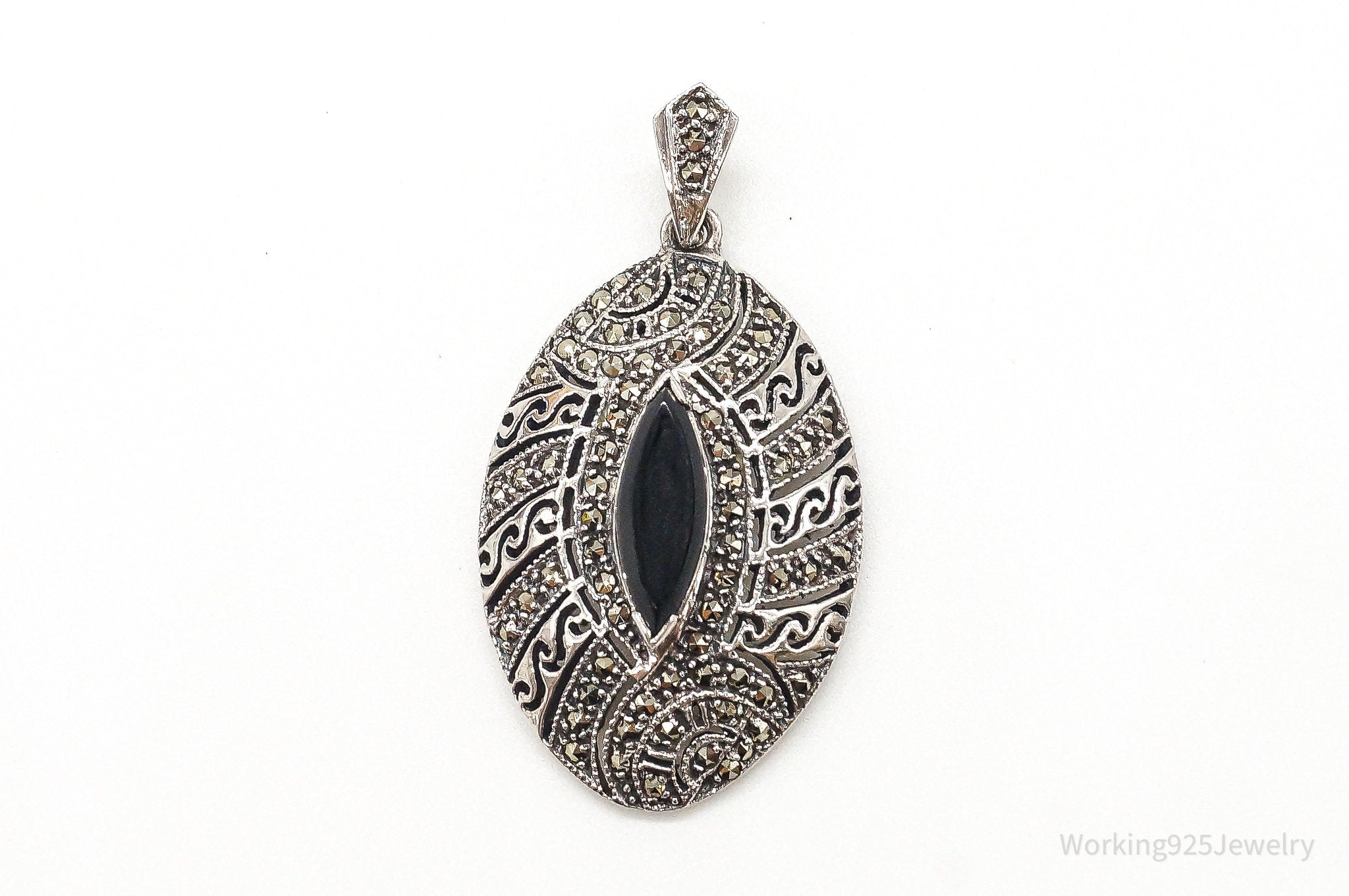 Vintage Large Black Onyx Marcasite Sterling Silver Pendant | Jewelry > Necklaces > Pendants | Wiccan Center