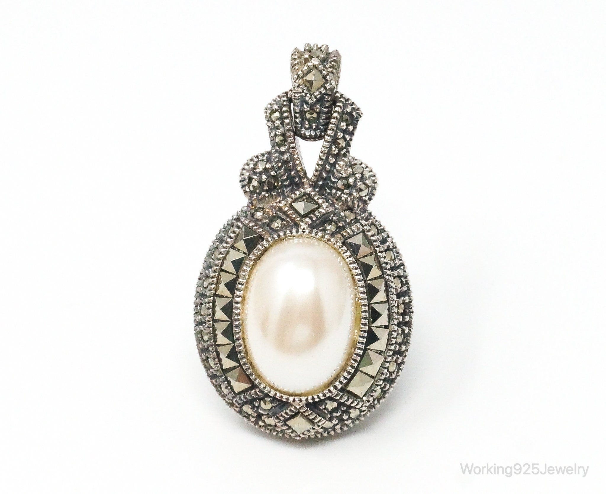 Large Vintage White Blue Pearl Marcasite Reversible Sterling Silver Pendant | Jewelry > Necklaces > Pendants | Wiccan Center