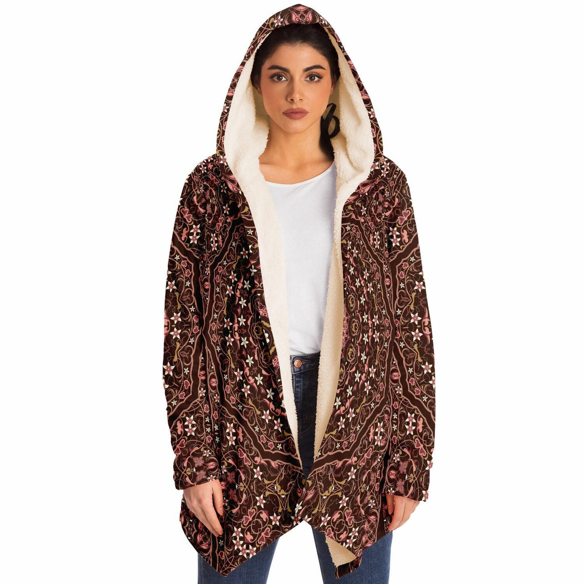 Raspberry Chocolate Persian Carpet Cuddle Cloak | Unisex Minky Sherpa Hooded Coat | Women and Mens Festival Coat | Mountain Fashion | Microfleece Cloak - AOP | Wiccan Center