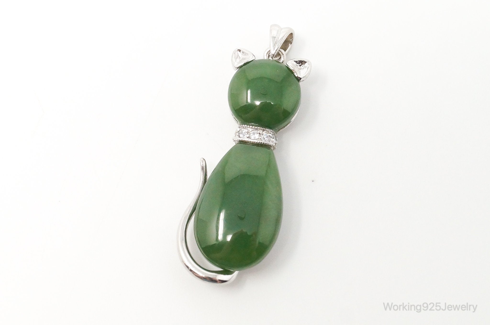 Large Kitten Cat Nephrite Cubic Zirconia Sterling Silver Necklace Pendant | Jewelry > Necklaces > Pendants | Wiccan Center