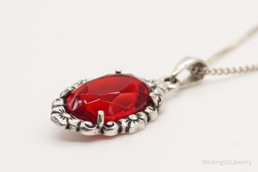 Antique Ruby Color Glass Floral Design 835 Silver Necklace | Jewelry > Necklaces > Pendants | Wiccan Center