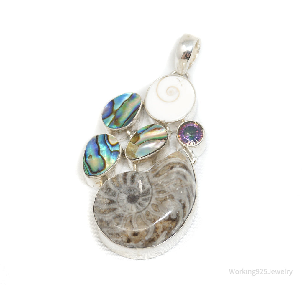 Vintage Large Fossil Shell Mystic Topaz Sterling Silver Abalone Necklace Pendant | Jewelry > Necklaces > Pendants | Wiccan Center