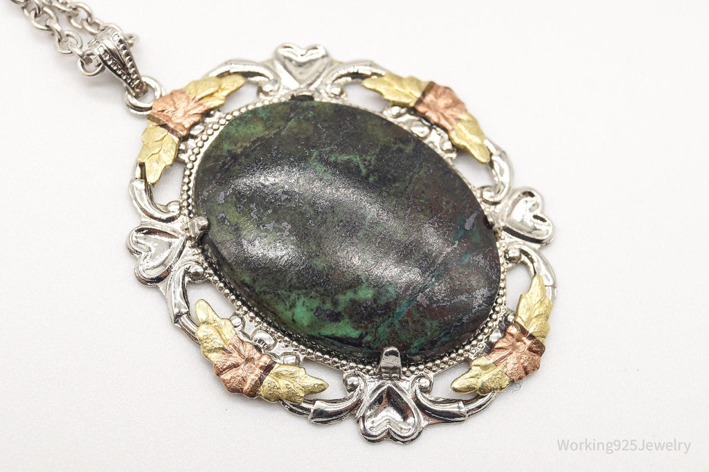 Vintage Green Stone 12K Gold Leaves Sterling Silver Necklace | Jewelry > Necklaces > Pendants | Wiccan Center