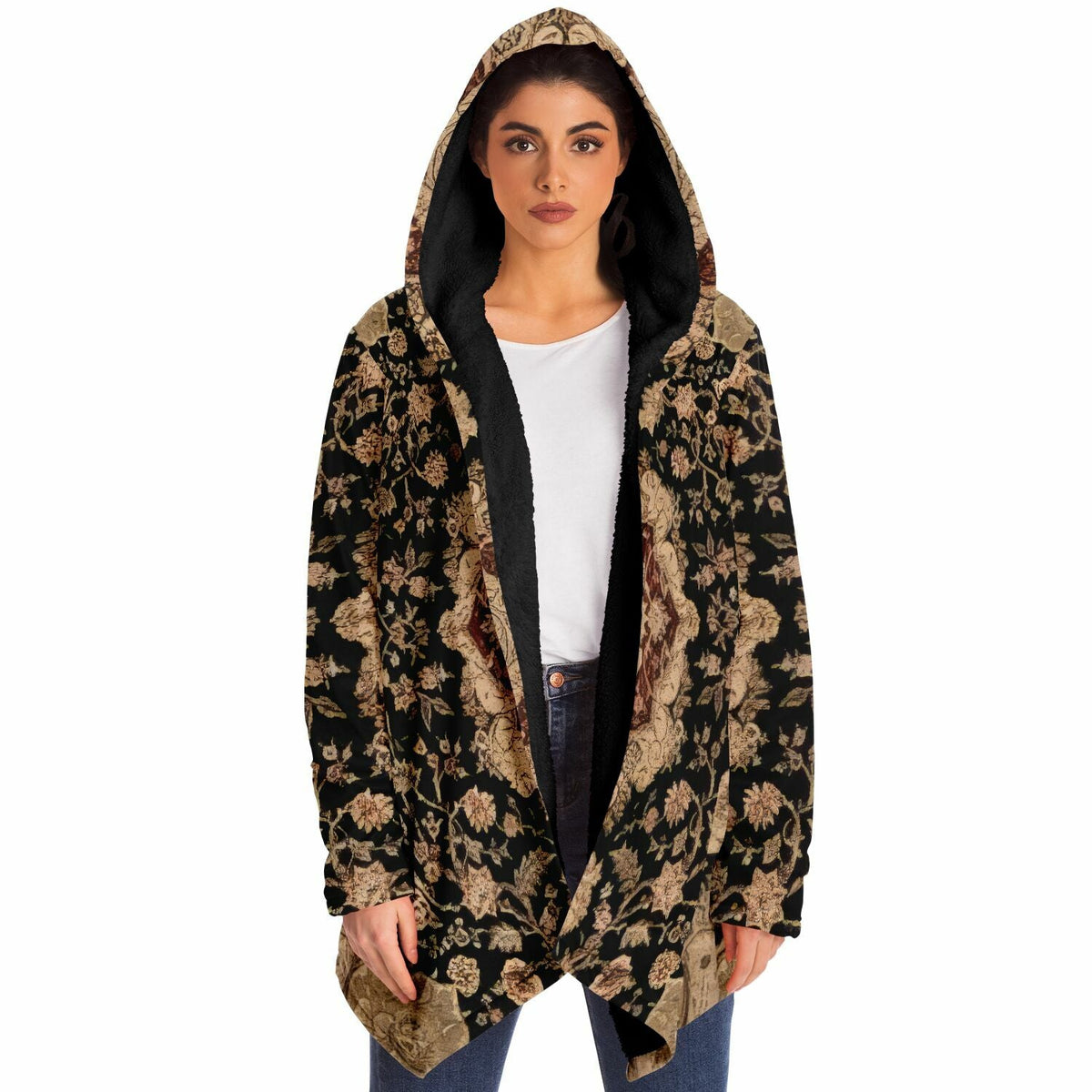 Black and Brown Persian Carpet Cuddle Cloak | Unisex Minky Sherpa Hooded Coat | Women and Mens Festival Coat | Mountain Fashion | Microfleece Cloak - AOP | Wiccan Center