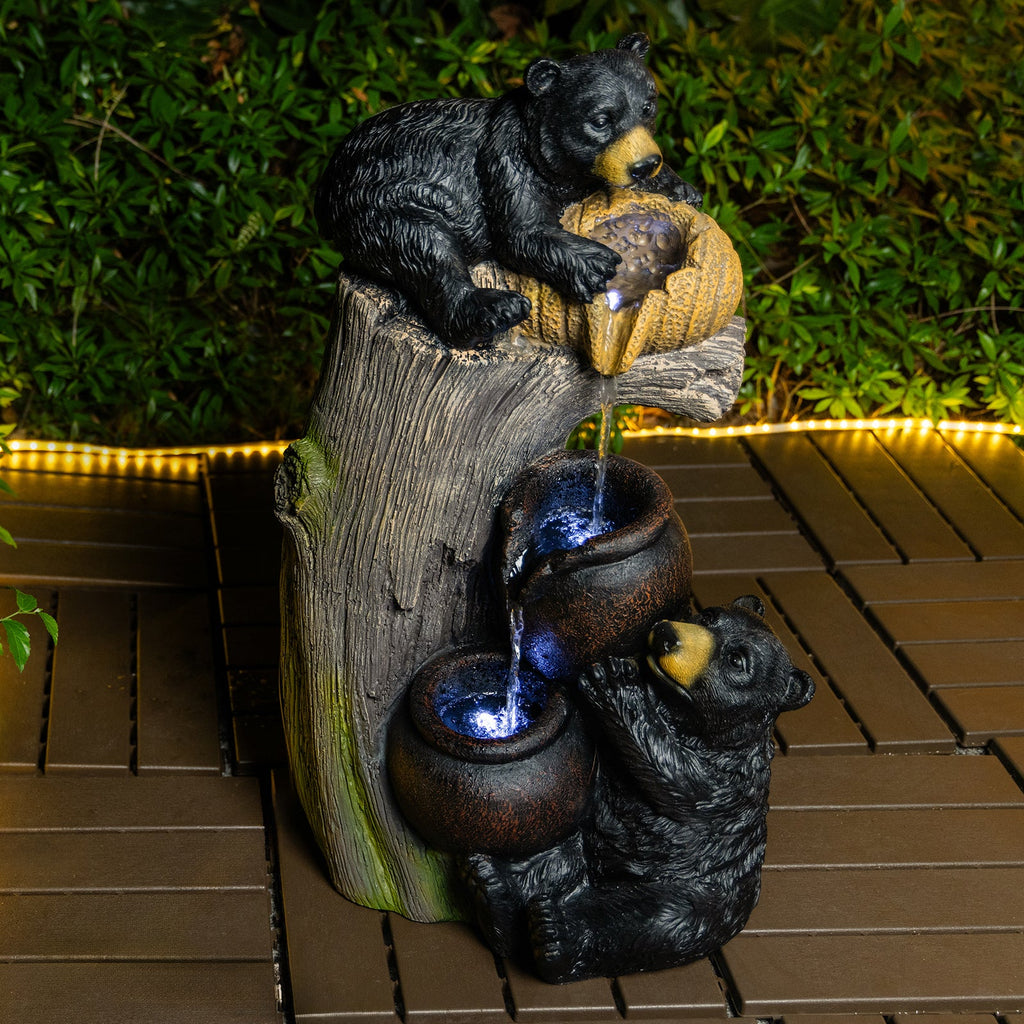 Resin Black Bear Outdoor Water Fountain with LED Lights
