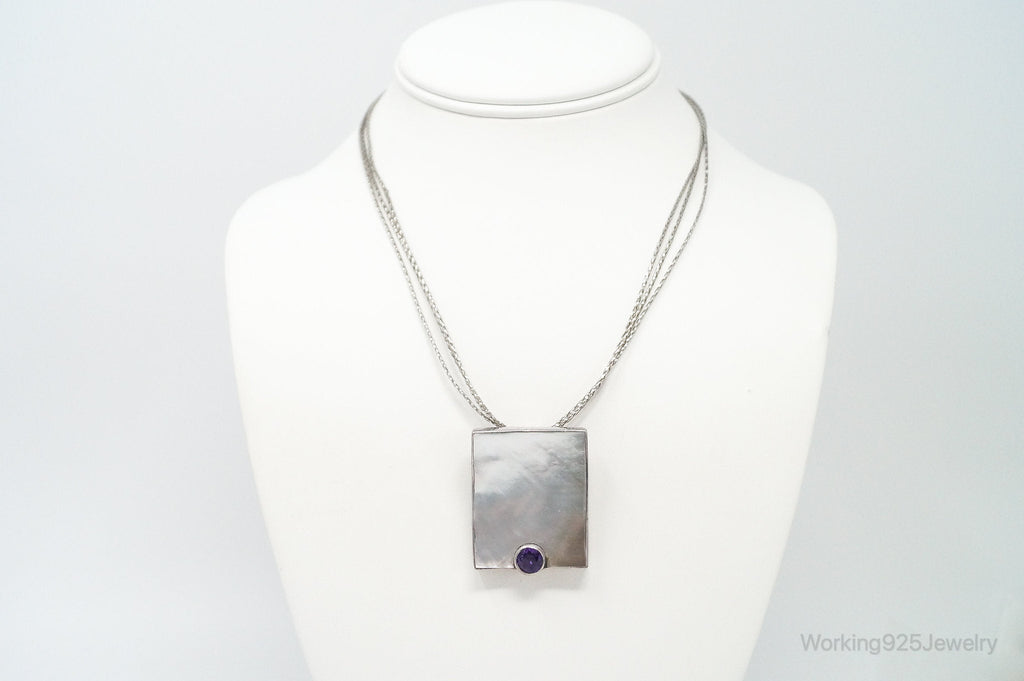 Vintage Large Mother Of Pearl Amethyst Modernist Sterling Silver Necklace | Jewelry > Necklaces > Pendants | Wiccan Center