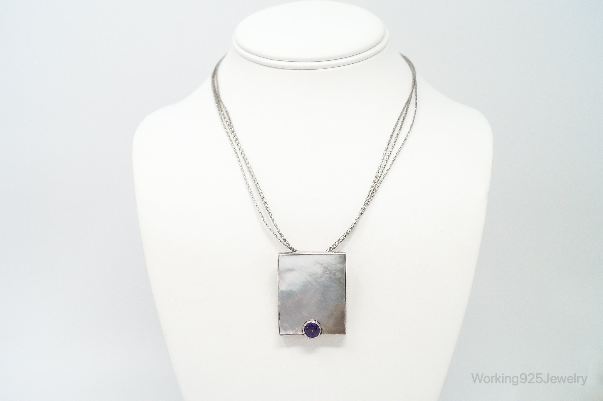 Vintage Large Mother Of Pearl Amethyst Modernist Sterling Silver Necklace | Jewelry > Necklaces > Pendants | Wiccan Center