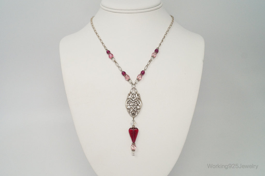 Vintage Floral Spoon Repousse Glass Heart Crystal Sterling Silver Necklace | Jewelry > Necklaces > Pendants | Wiccan Center