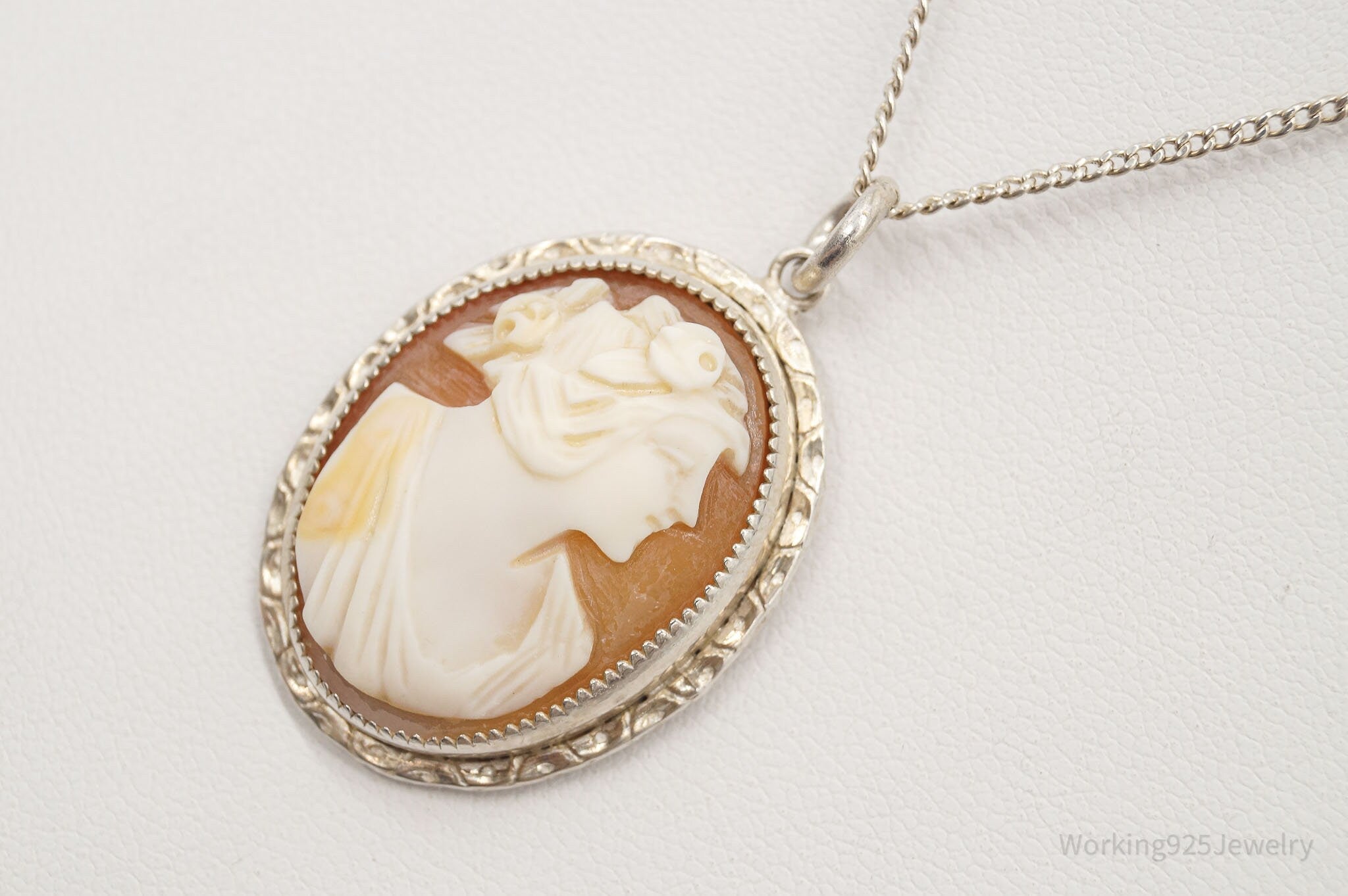 Antique Large Carved Shell Woman Cameo Sterling Silver Necklace | Jewelry > Necklaces > Pendants | Wiccan Center