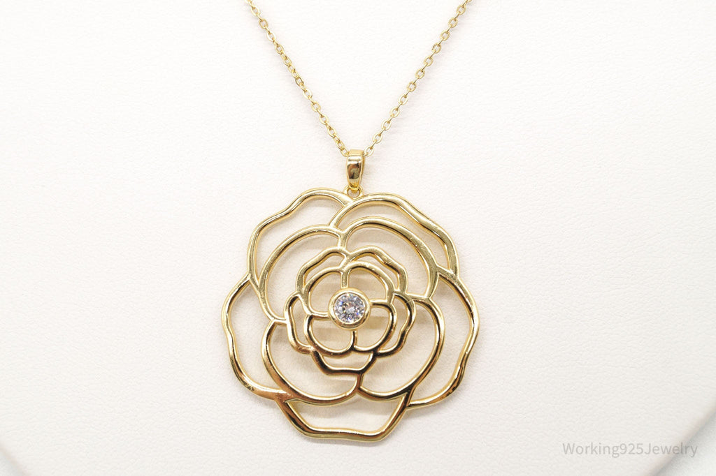 Vintage Cubic Zirconia Gold Vermeil Sterling Silver Flower Necklace 18" | Jewelry > Necklaces > Pendants | Wiccan Center