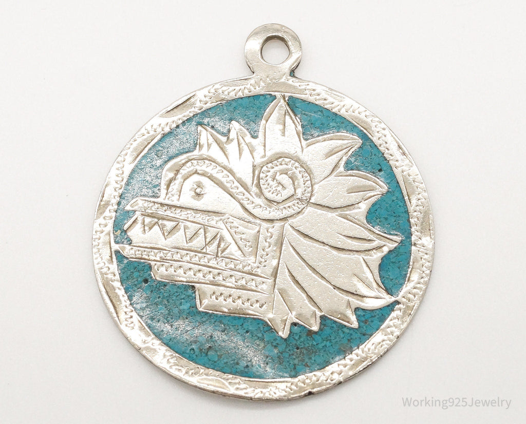 Vintage Large Mexico Mayan Aztec Warrior Mask Turquoise Alpaca Silver Pendant | Jewelry > Necklaces > Pendants | Wiccan Center