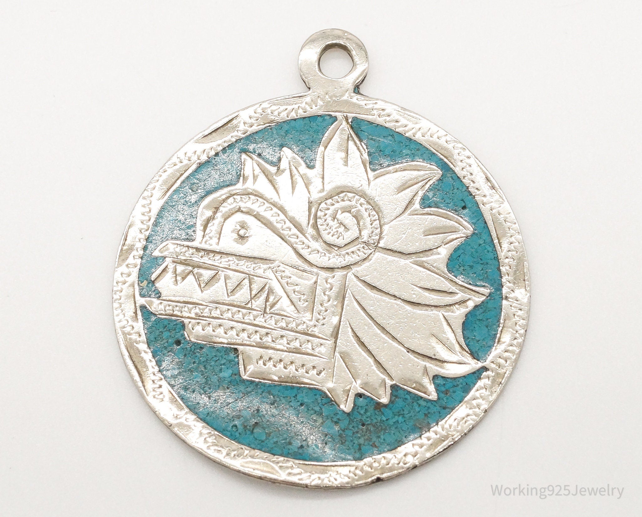 Vintage Large Mexico Mayan Aztec Warrior Mask Turquoise Alpaca Silver Pendant | Jewelry > Necklaces > Pendants | Wiccan Center