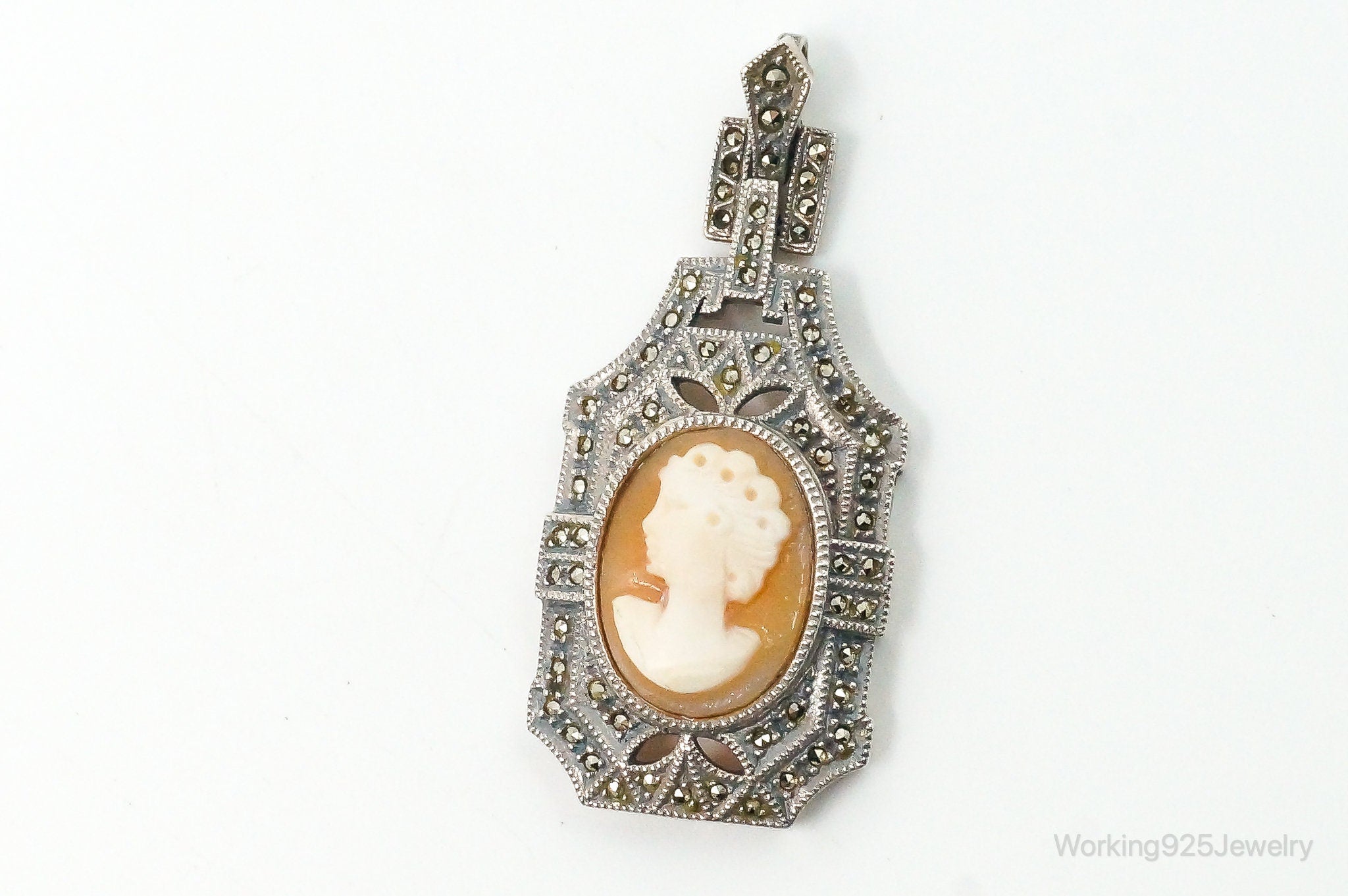 Vintage Judith Jack Carved Shell Lady Cameo Marcasite Sterling Silver Pendant | Jewelry > Necklaces > Pendants | Wiccan Center