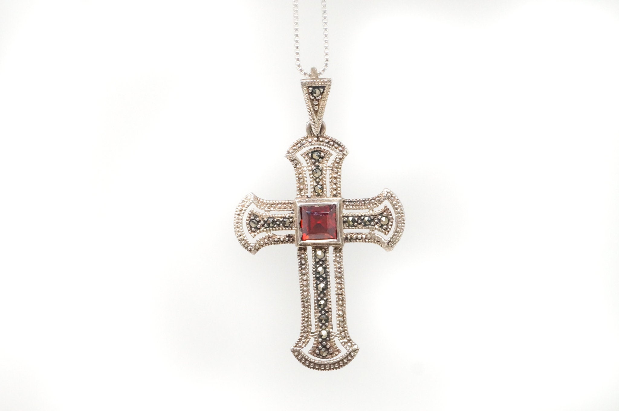 Vintage Garnet Marcasite Cross Sterling Silver Necklace Pendant | Jewelry > Necklaces > Pendants | Wiccan Center