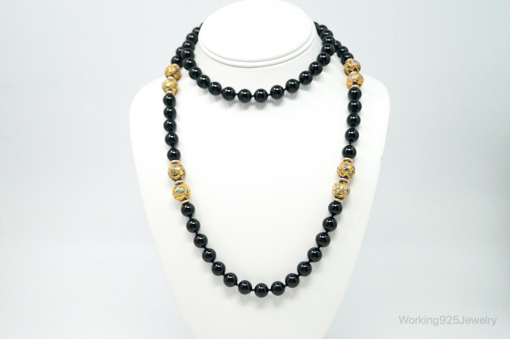 Vintage Long Black Onyx Cloisonne Beads Necklace | Jewelry > Necklaces > Pendants | Wiccan Center