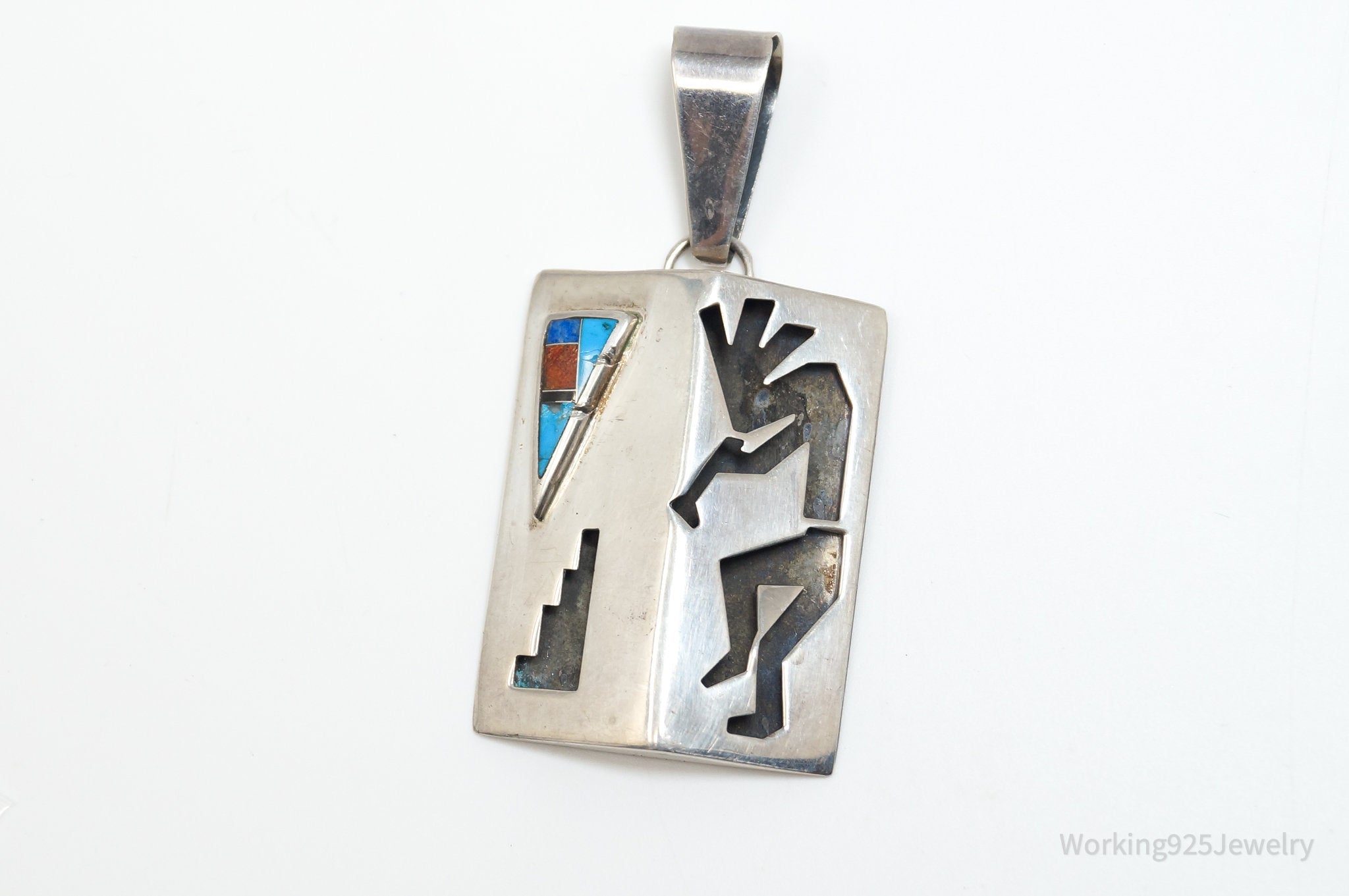 Large Vintage Native American R.C. Multi Gem Kokopelli Sterling Silver Pendant | Jewelry > Necklaces > Pendants | Wiccan Center