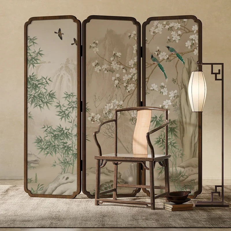 Zen Wood Folding Screen Partition | Floral & Bird Room Divider | Accents > Room Divider Screens | Wiccan Center