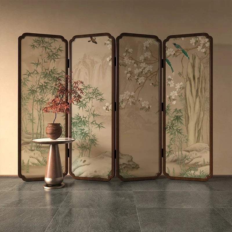 Zen Wood Folding Screen Partition | Floral & Bird Room Divider | Accents > Room Divider Screens | Wiccan Center