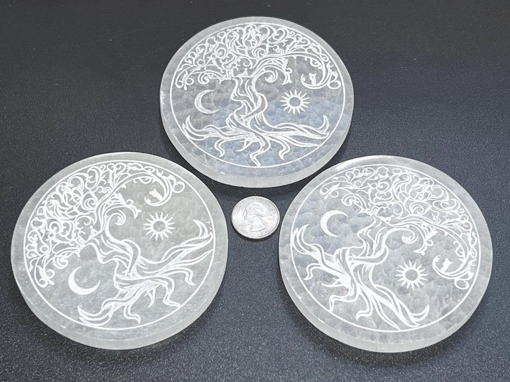 Selenite Crystal Tree Of Life Round Circle Plate (4 Inch) Gemstone Decor Supply | Home & Living > Home Decor > Home Accents > Rocks & Geodes | Wiccan Center