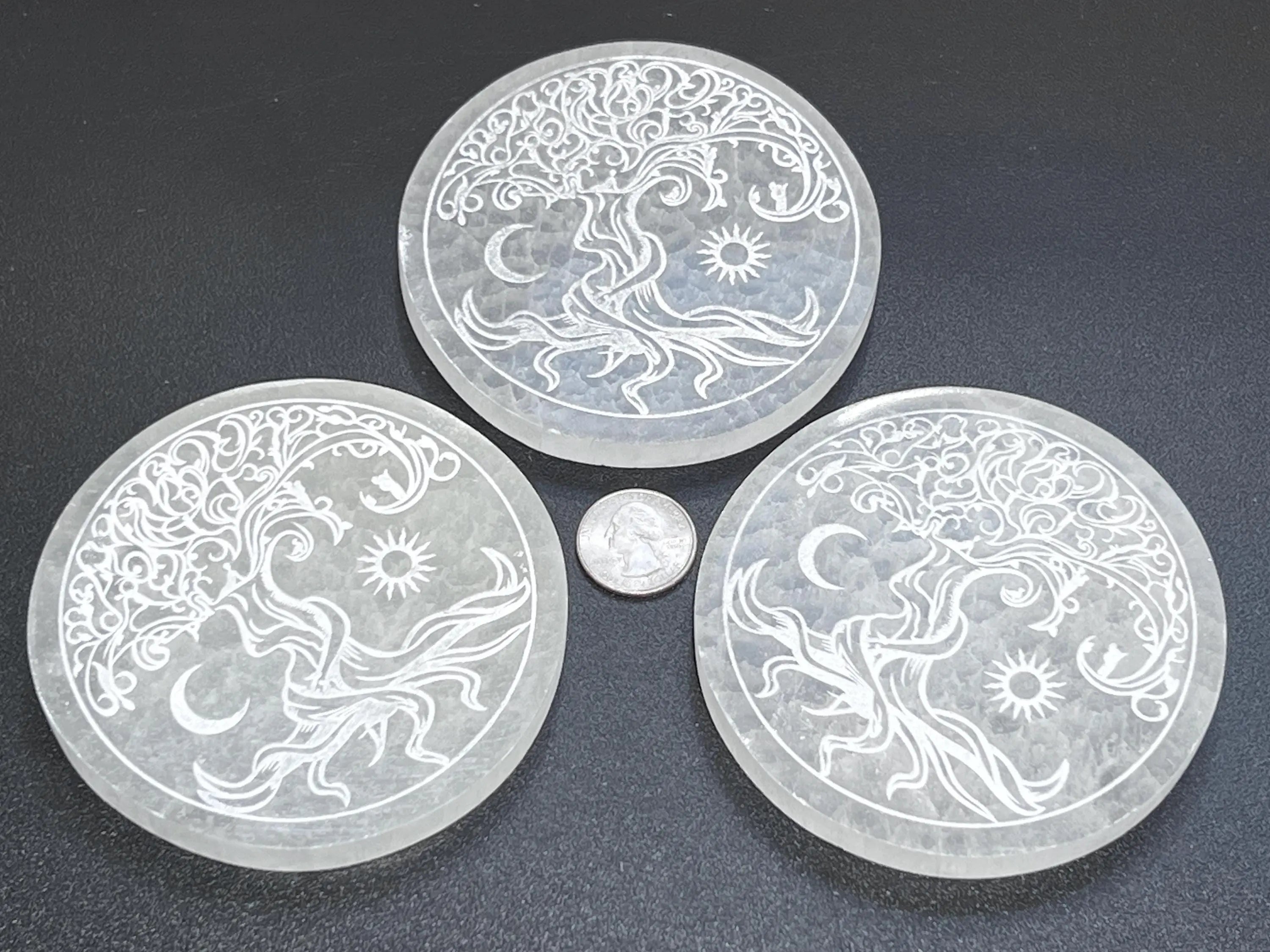 Selenite Crystal Tree Of Life Round Circle Plate (4 Inch) Gemstone Decor Supply | Home & Living > Home Decor > Home Accents > Rocks & Geodes | Wiccan Center