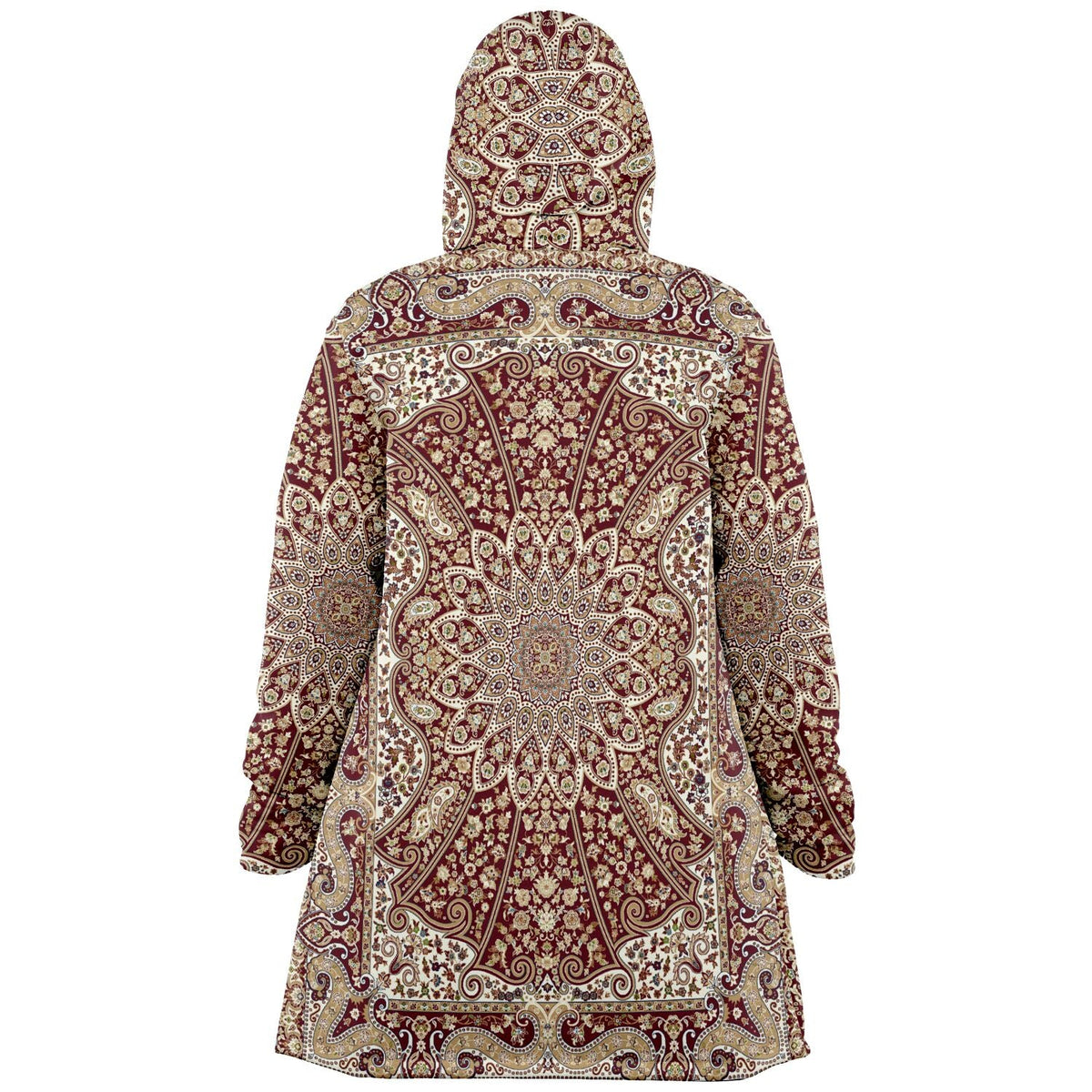 Classic Red Persian Carpet Cuddle Cloak | Unisex Minky Sherpa Lined Hooded Coat | Women and Mens Festival Coat | Mountain Fashion | Microfleece Cloak - AOP | Wiccan Center