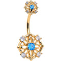 Blue CZ Gem Gold Tone Flower Ring Double Mount Belly Ring | BELLY RING Double Mount | Wiccan Center