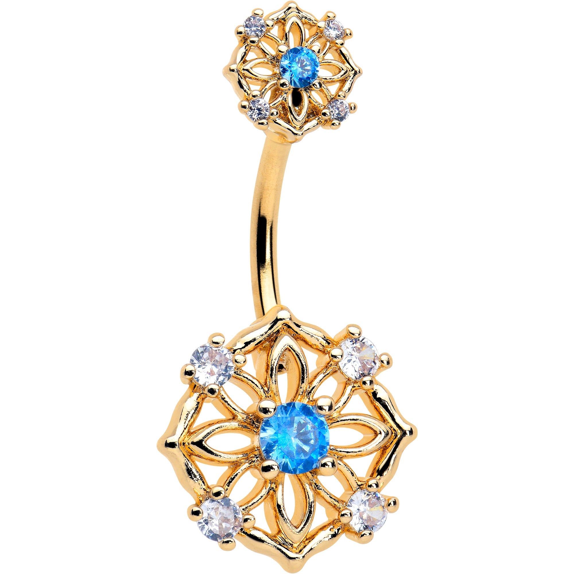 Blue CZ Gem Gold Tone Flower Ring Double Mount Belly Ring | BELLY RING Double Mount | Wiccan Center