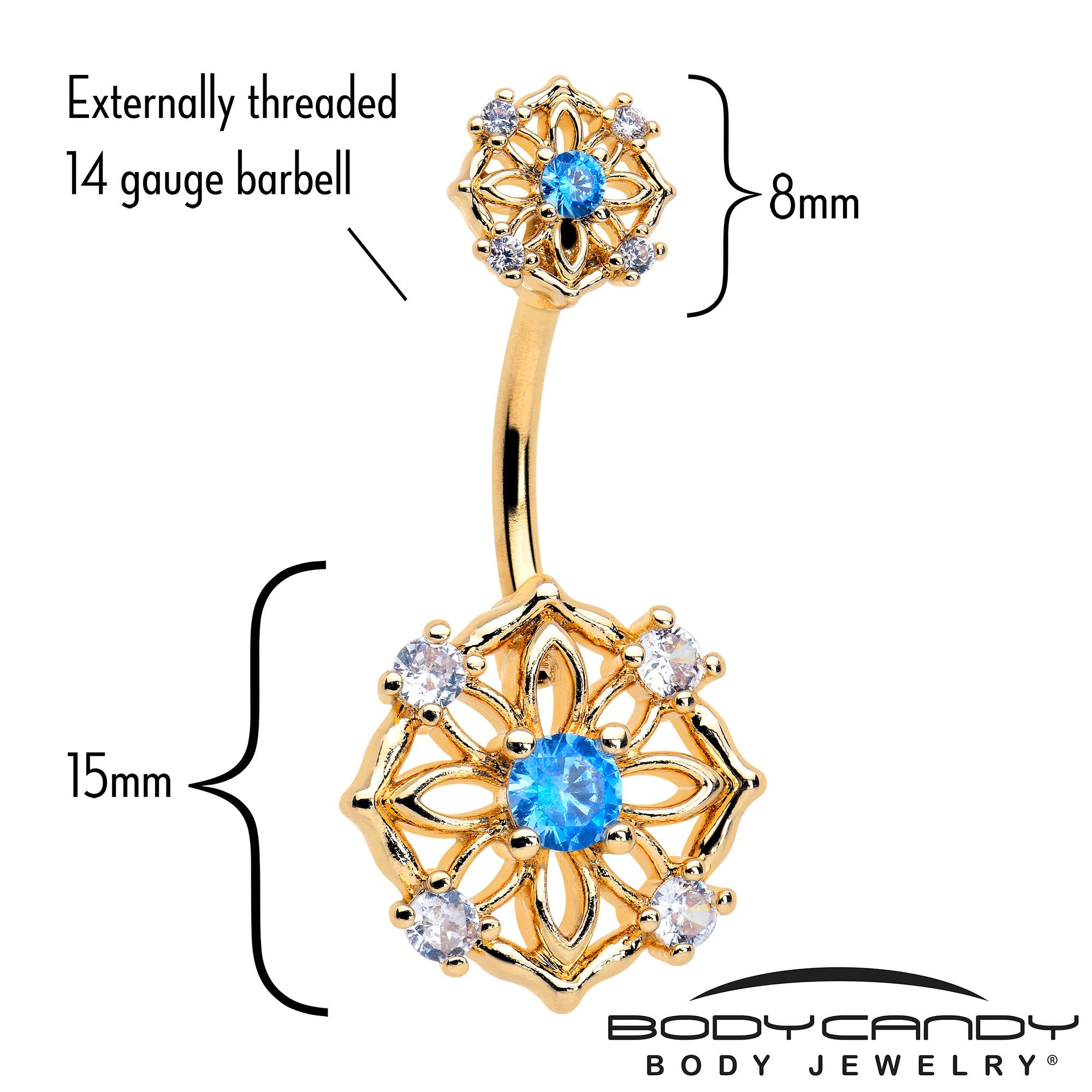 Blue CZ Gem Gold Tone Flower Ring Double Mount Belly Ring | BELLY RING Double Mount | Wiccan Center