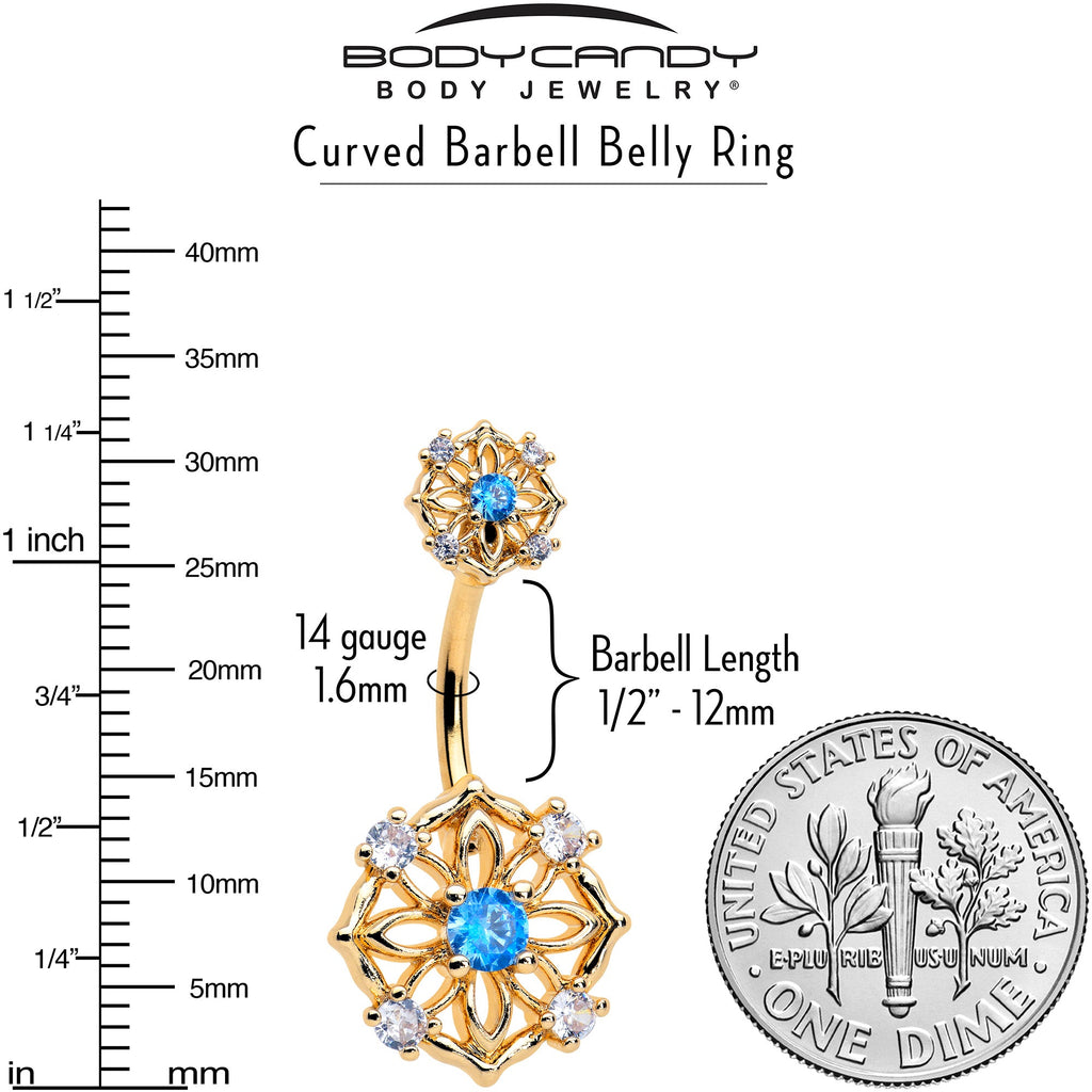 Blue CZ Gem Gold Tone Flower Ring Double Mount Belly Ring | BELLY RING Double Mount | Wiccan Center