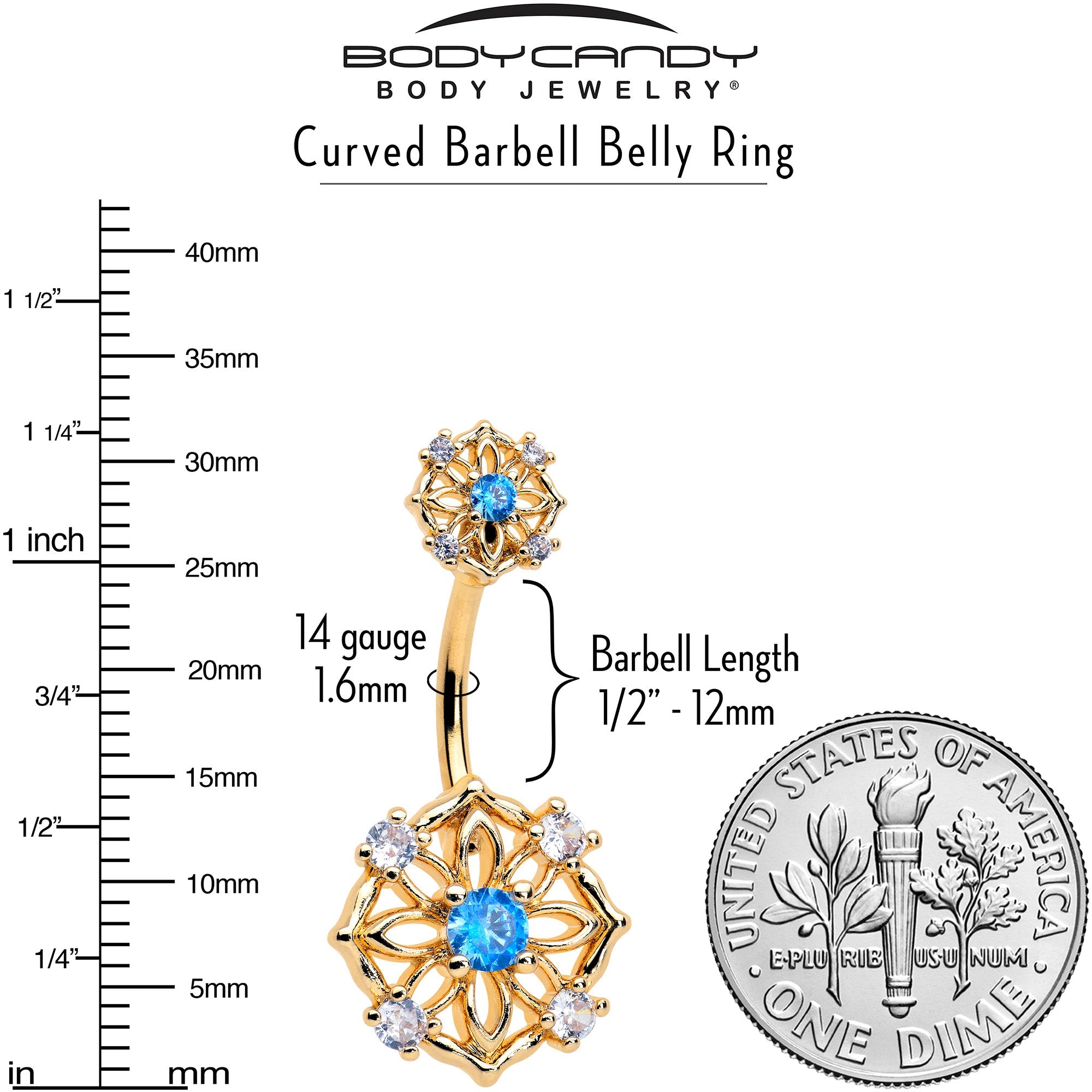 Blue CZ Gem Gold Tone Flower Ring Double Mount Belly Ring | BELLY RING Double Mount | Wiccan Center