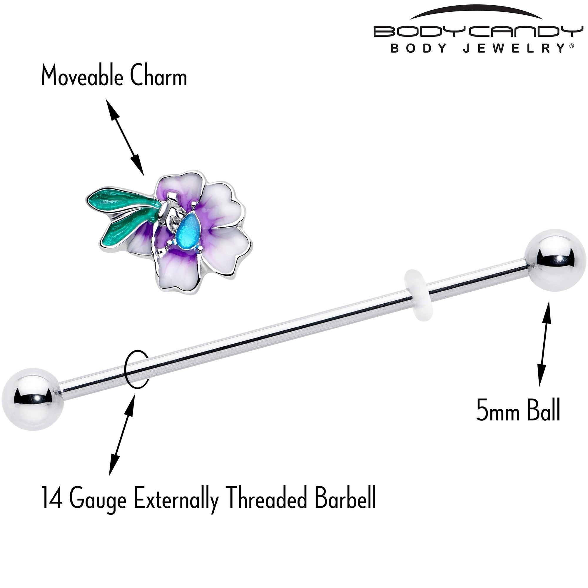 14G Blue Gem Faerie Flower Purple Industrial Barbell 38mm | BARBELL Industrial | Wiccan Center