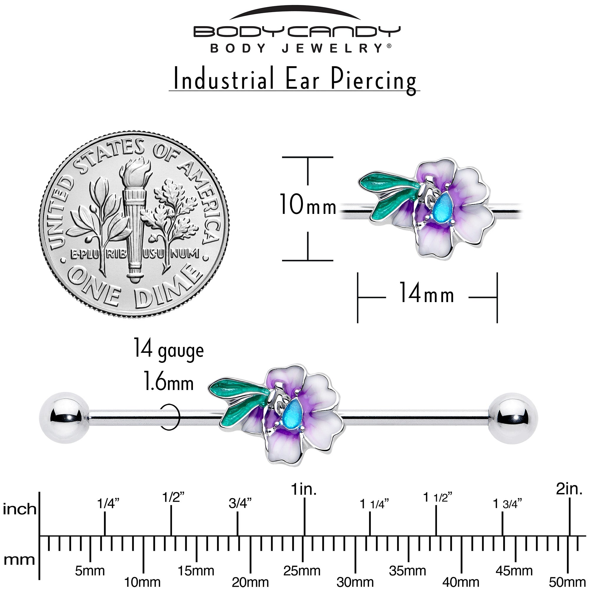14G Blue Gem Faerie Flower Purple Industrial Barbell 38mm | BARBELL Industrial | Wiccan Center