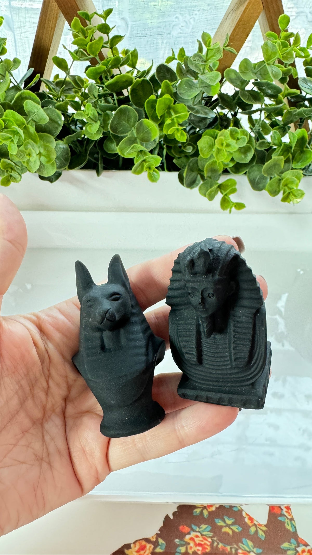 Obsidian Anubis and Pharoah Set, Matte Finish Egyptian Bust Carvings