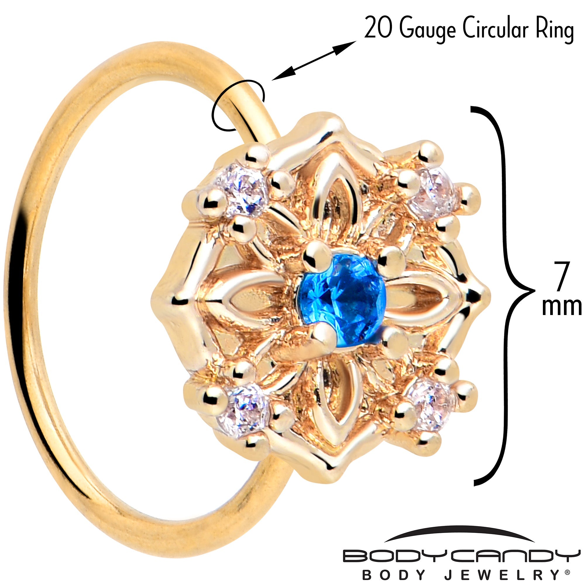 20G 5/16 Blue CZ Gem Gold Tone Flower Ring Nose Hoop | NOSE HOOP | Wiccan Center
