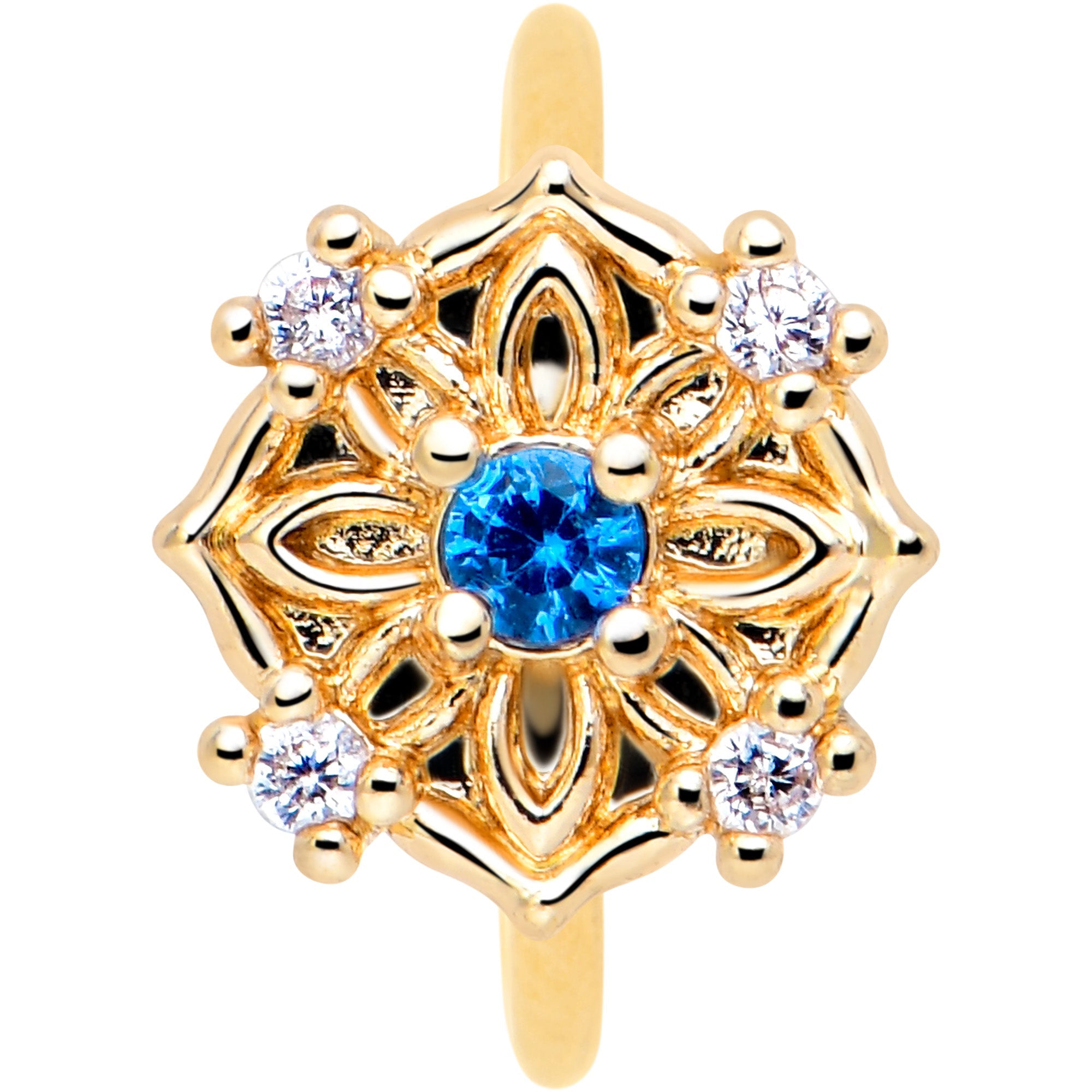 20G 5/16 Blue CZ Gem Gold Tone Flower Ring Nose Hoop | NOSE HOOP | Wiccan Center