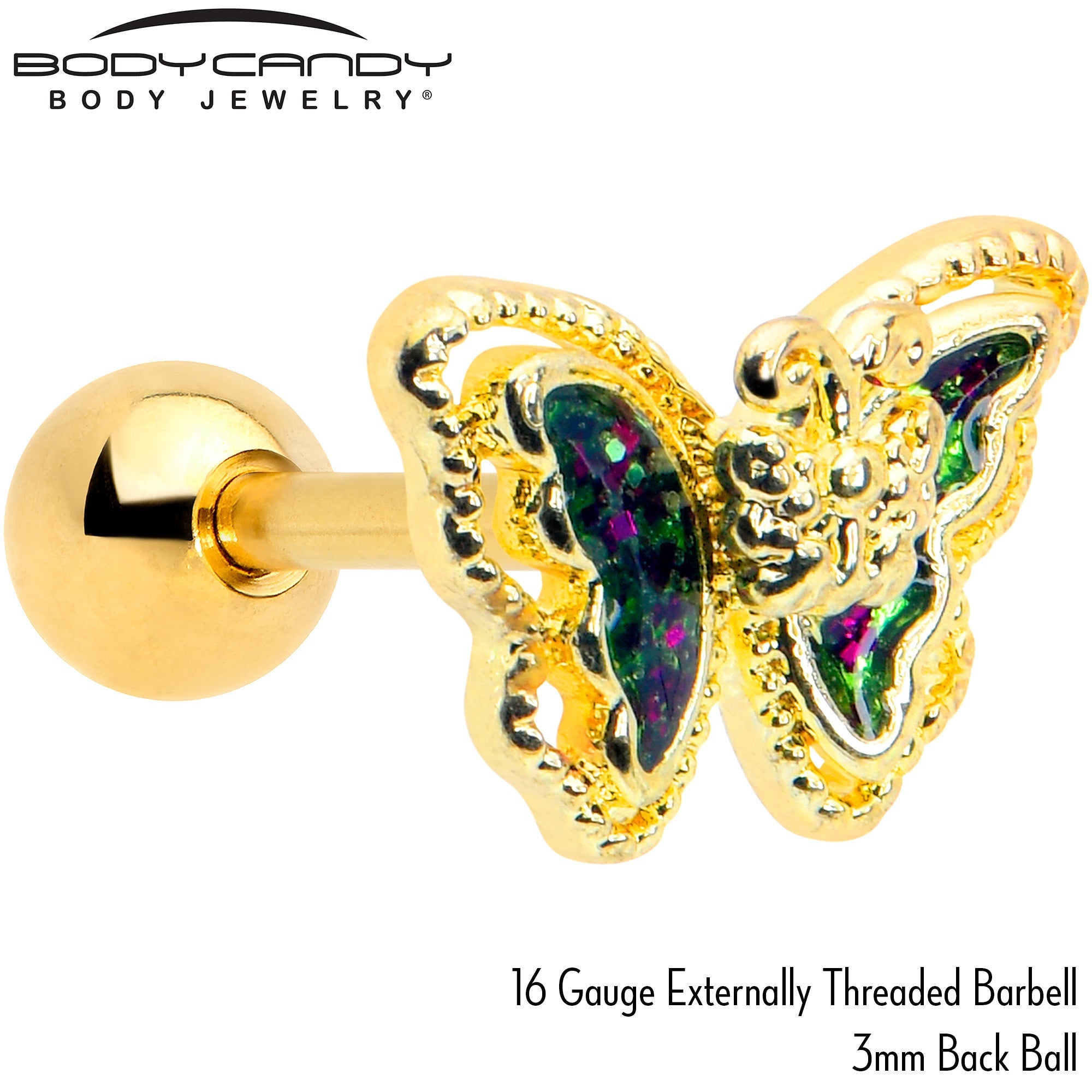 16G 1/4 Vitrail Gem Gold Tone Classic Butterfly Cartilage Earring | CARTILAGE Tragus | Wiccan Center