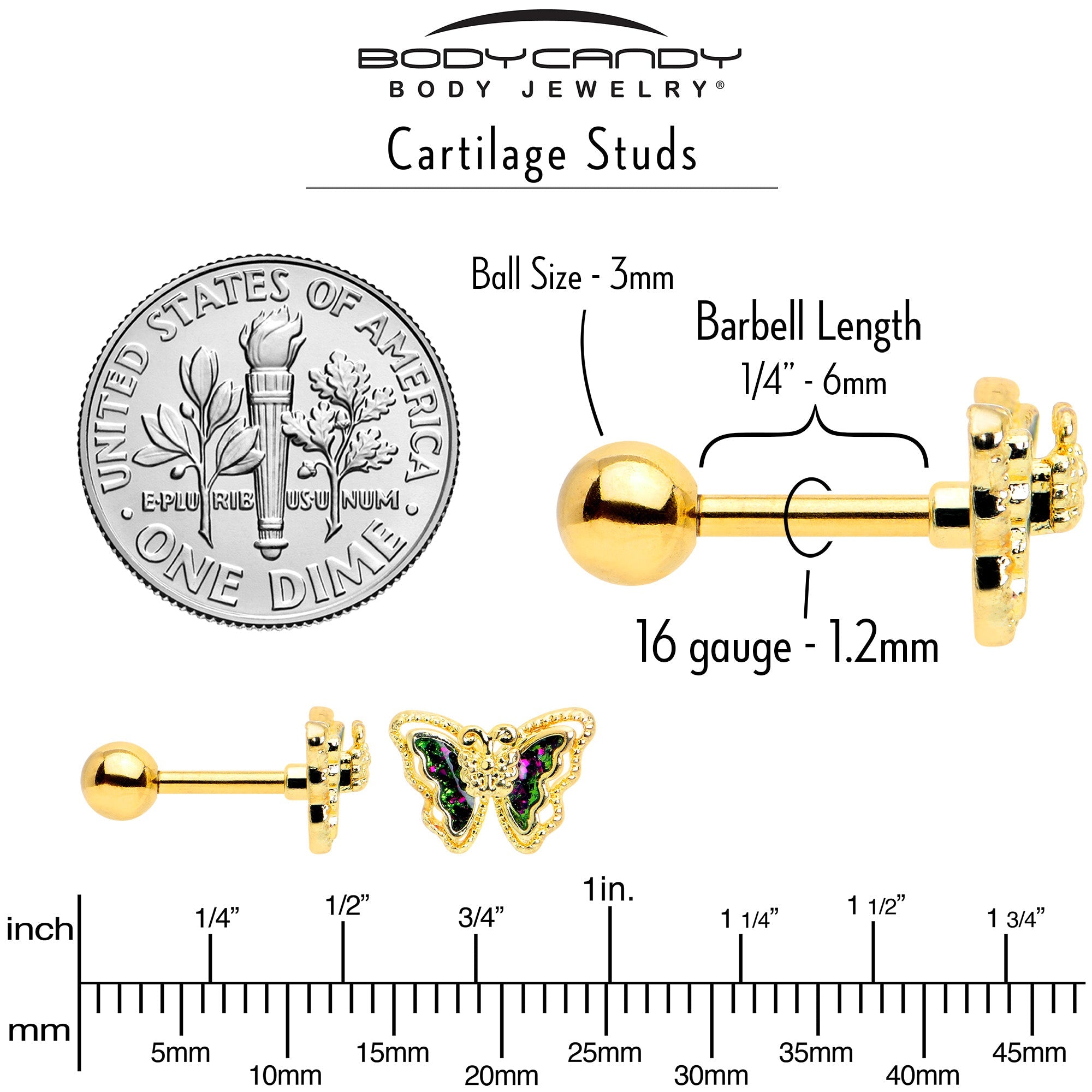16G 1/4 Vitrail Gem Gold Tone Classic Butterfly Cartilage Earring | CARTILAGE Tragus | Wiccan Center