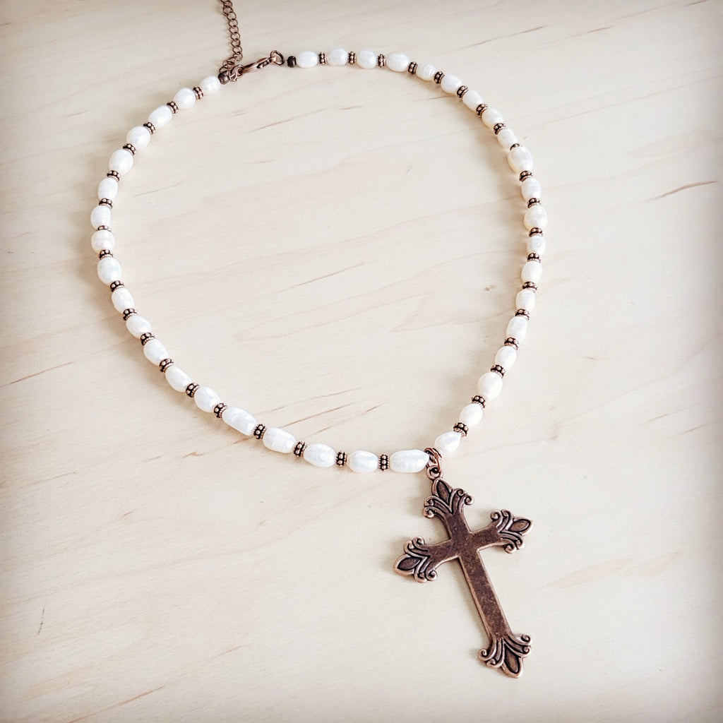 Genuine Freshwater Pearl Collar Boho Necklace w/ Cross 263s | Necklace | Wiccan Center