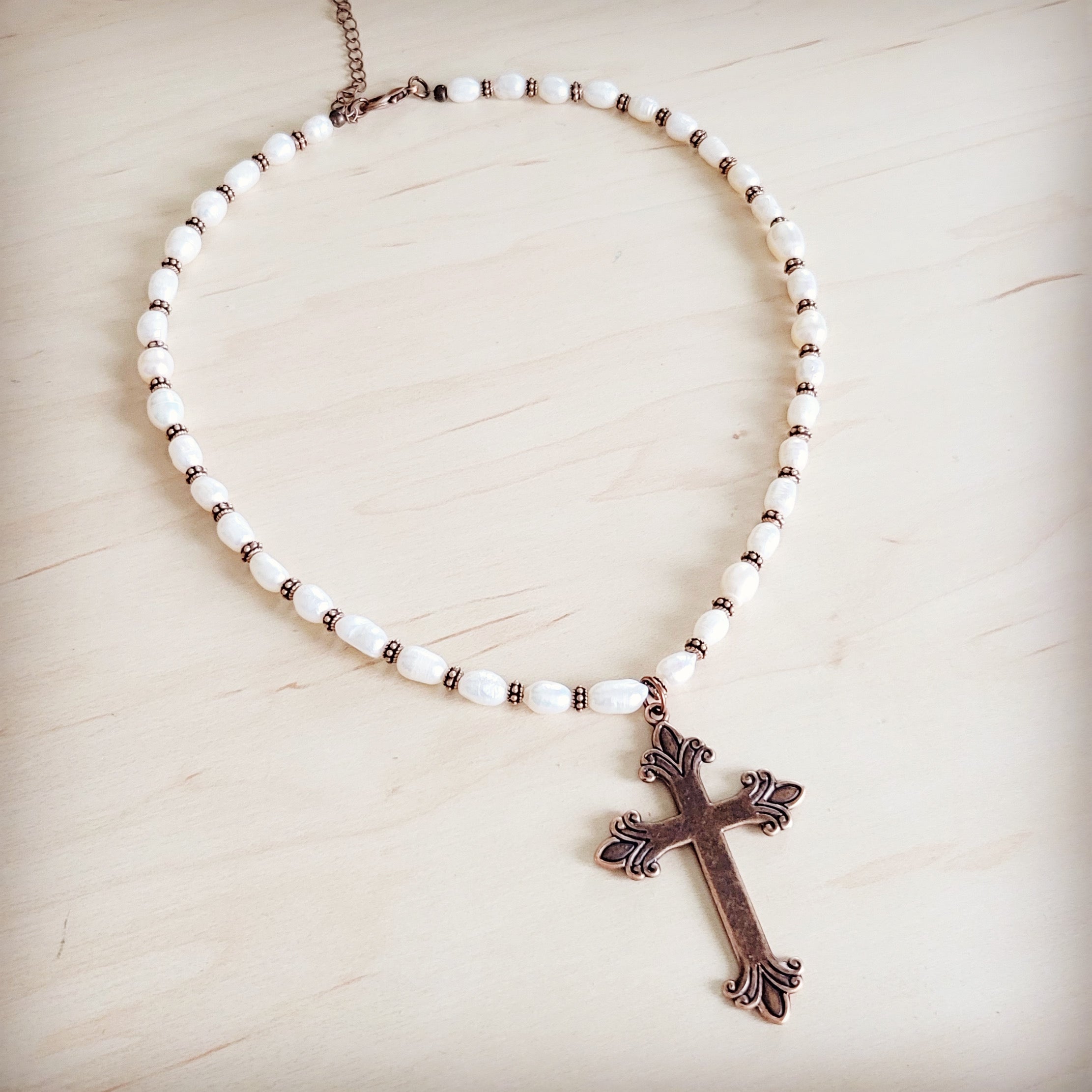 Genuine Freshwater Pearl Collar Boho Necklace w/ Cross 263s | Necklace | Wiccan Center