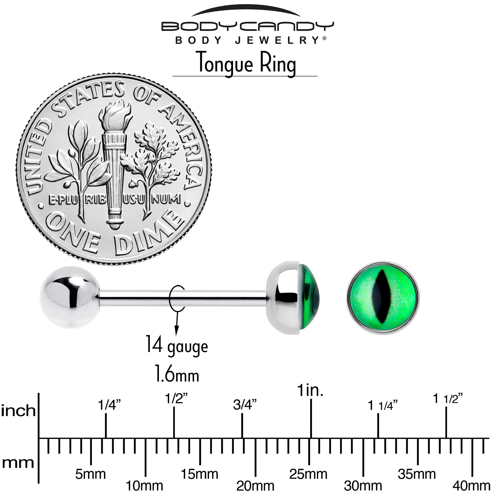 Kitty Green Eye UV Reactive Barbell Tongue Ring | BARBELL Tongue | Wiccan Center