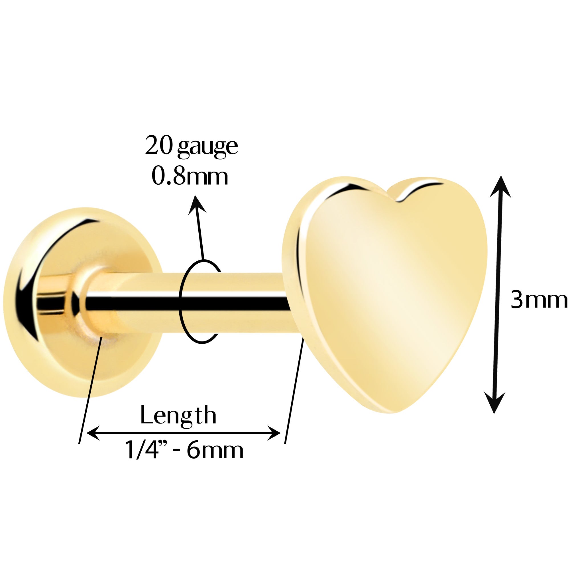 14k Solid Yellow Gold 3mm Heart Threadless Push In Flat Back Stud | EARRING Flat Back | Wiccan Center