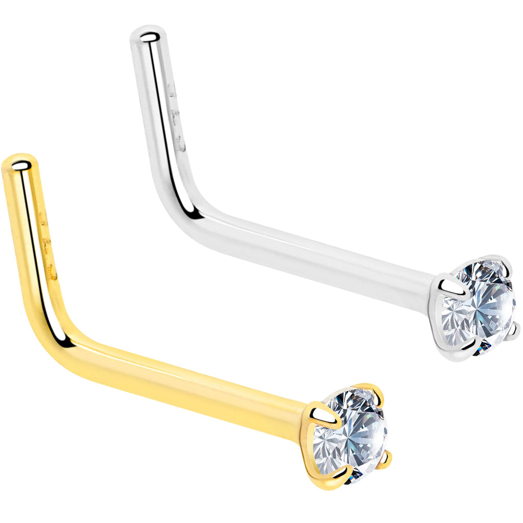 20G Gold Plated 925 Sterling Silver 2mm CZ L-Shape Nose Ring | NOSE RING L-Shape | Wiccan Center