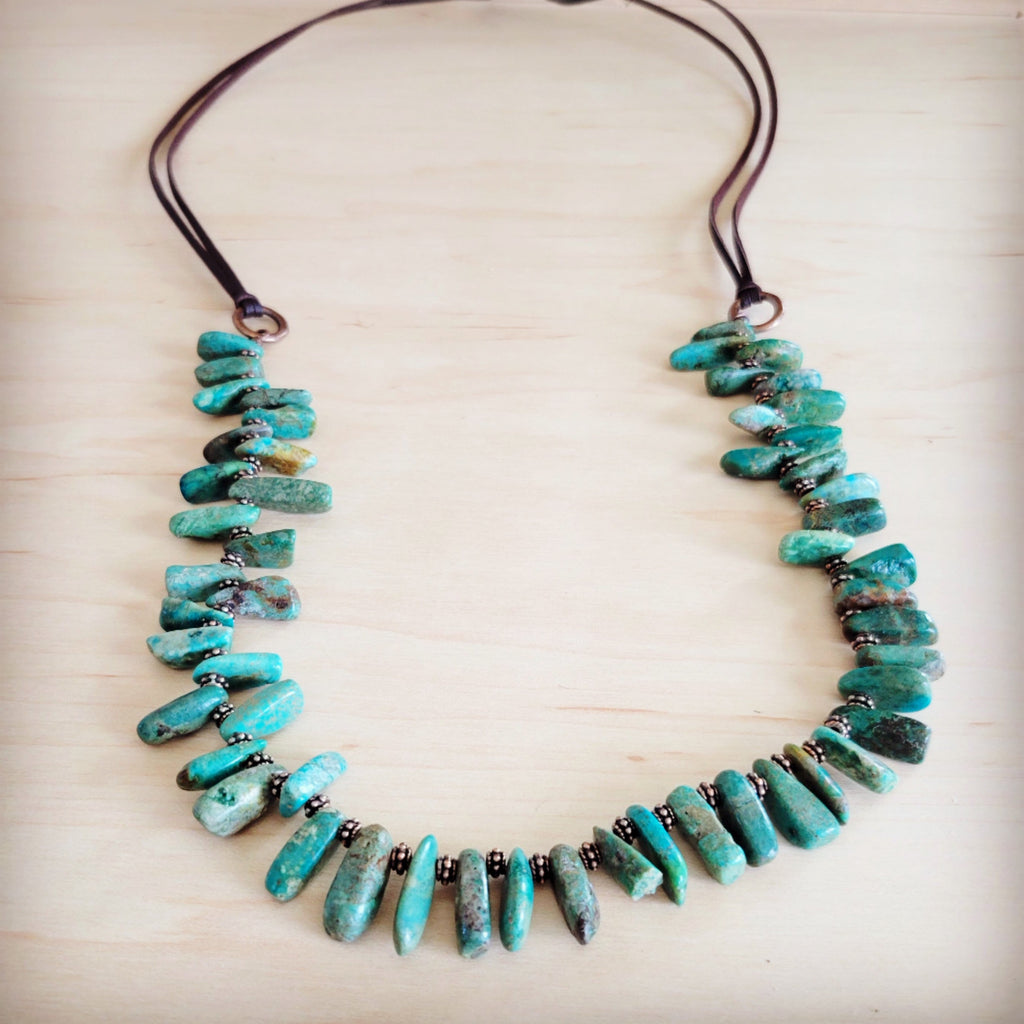 Natural Turquoise Stacked Stone Necklace with Leather Ties 263e | Necklace | Wiccan Center