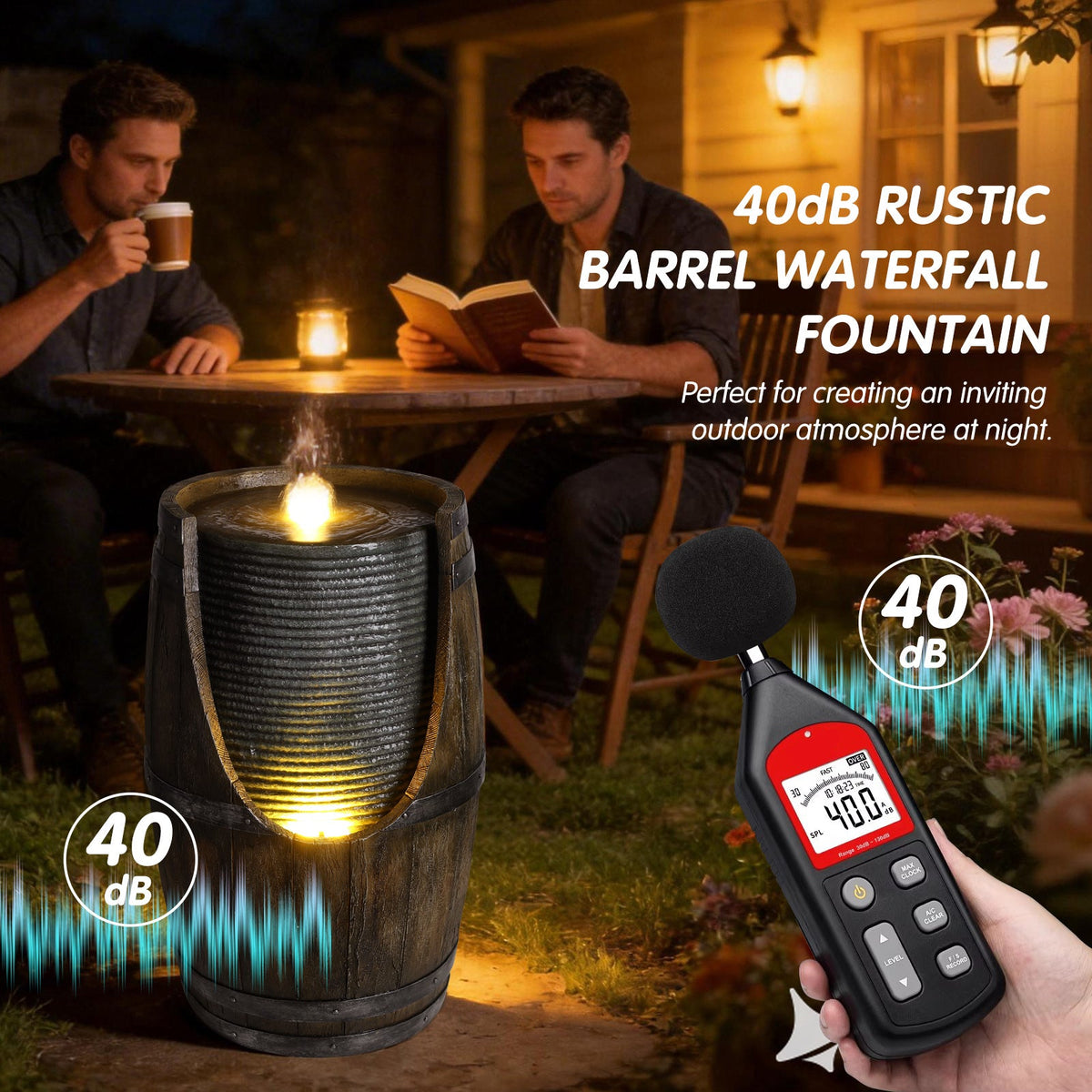 Resin Rustic Barrel Outdoor Water Fountain 24 Inch LED | Outdoor Fountain | Wiccan Center